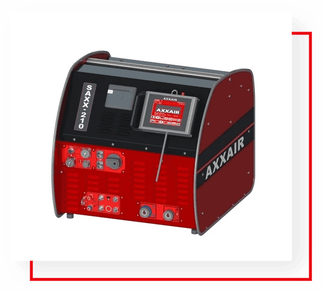 A welding machine with a red and black background.