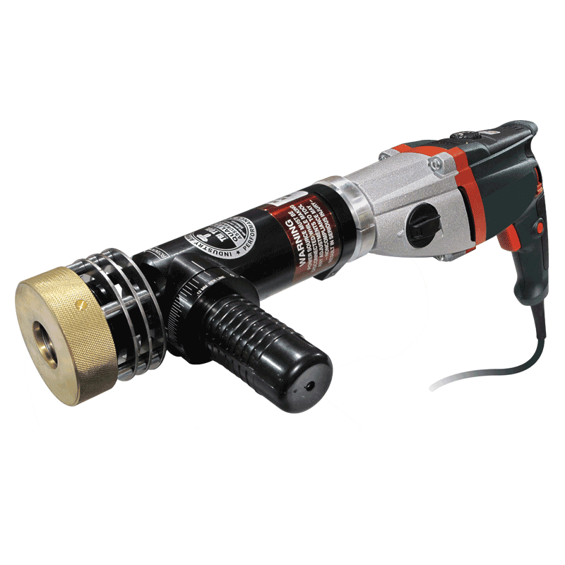 An electric drill with a red handle and a black handle.