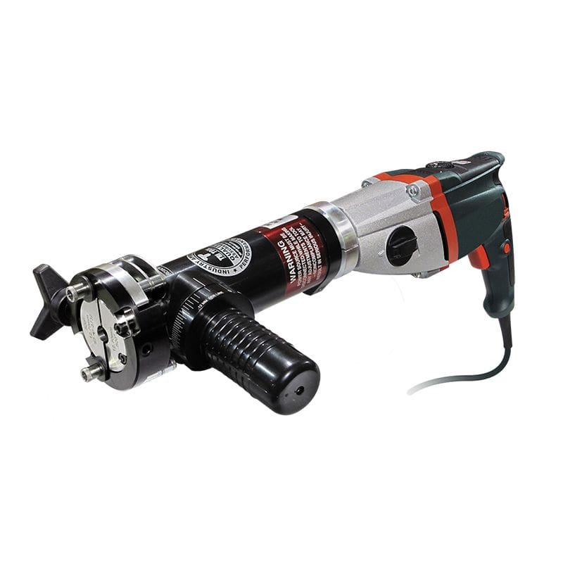A corded drill with a handle on a white background.