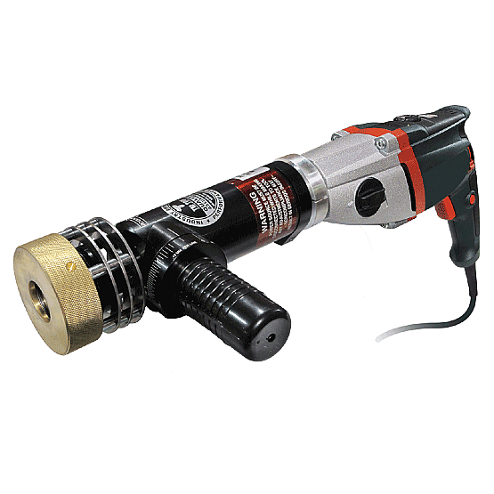 An electric drill with a red handle.
