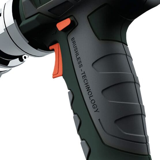 An electric screwdriver with an orange handle.