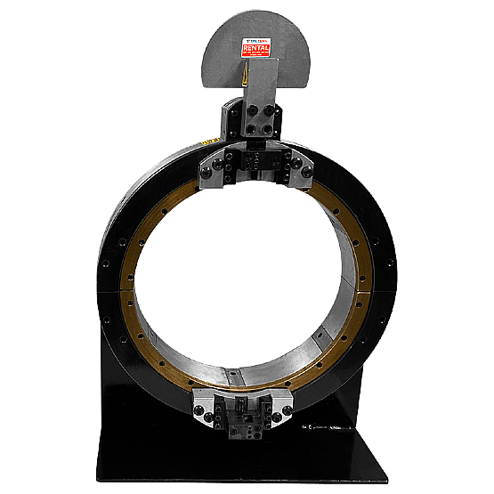 Industrial pipe cutting tool on black background.